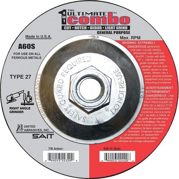 Sait - 60 Grit, 4-1/2" Wheel Diam, Type 27 Depressed Center Wheel - Extra Coarse Grade, Aluminum Oxide, S Hardness, 13,300 Max RPM - USA Tool & Supply