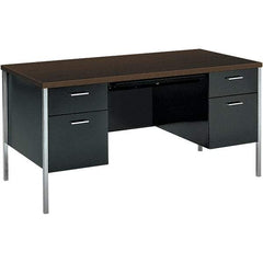 Hon - Woodgrain Laminate Double Pedestal Desk with Center Drawer - 60" Wide x 30" Deep x 29-1/2" High, Mocha/Black - USA Tool & Supply