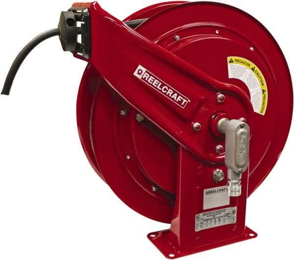 Reelcraft - 12 AWG, 100' Cable Length, Cord & Cable Reel with Flying Lead End - 0 Outlets, 20 Amps, 125 Volts, SEOOW Cable, Red Reel, Spring Driven Reel - USA Tool & Supply