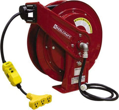 Reelcraft - 12 AWG, 75' Cable Length, Cord & Cable Reel with Triple-Tap with GFCI End - 3 Outlets, NEMA 5-15R, 15 Amps, 125 Volts, SEOOW Cable, Red Reel, Spring Driven Reel - USA Tool & Supply