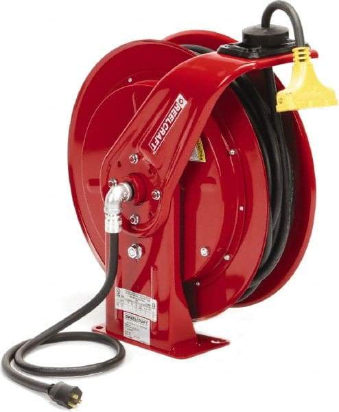 Reelcraft - 12 AWG, 100' Cable Length, Cord & Cable Reel with Triple-Tap Outlet End - 3 Outlets, NEMA 5-15R, 15 Amps, 125 Volts, SEOOW Cable, Red Reel, Spring Driven Reel - USA Tool & Supply