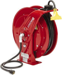 Reelcraft - 12 AWG, 100' Cable Length, Cord & Cable Reel with Triple-Tap Outlet End - 3 Outlets, NEMA 5-15R, 15 Amps, 125 Volts, SEOOW Cable, Red Reel, Spring Driven Reel - USA Tool & Supply