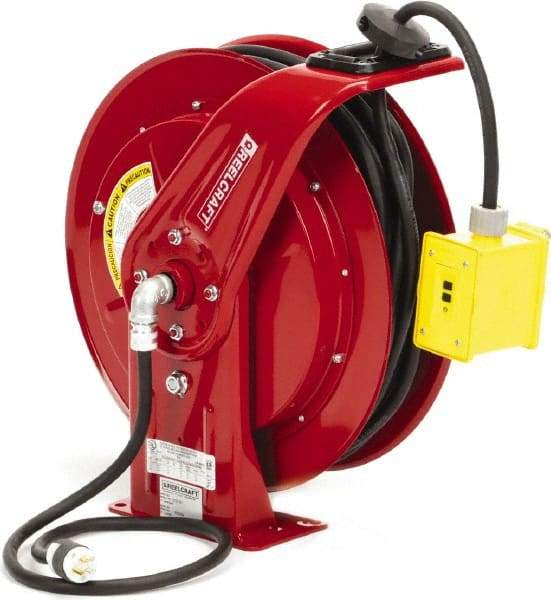 Reelcraft - 12 AWG, 100' Cable Length, Cord & Cable Reel with Duplex GFCI Outlet Box End - 2 Outlets, NEMA 5-20R, 20 Amps, 125 Volts, SEOOW Cable, Red Reel, Spring Driven Reel - USA Tool & Supply