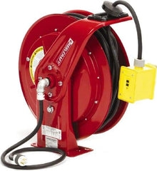 Reelcraft - 12 AWG, 100' Cable Length, Cord & Cable Reel with Duplex GFCI Outlet Box End - 2 Outlets, NEMA 5-15R, 15 Amps, 125 Volts, SEOOW Cable, Red Reel, Spring Driven Reel - USA Tool & Supply