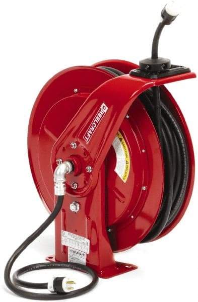 Reelcraft - 12 AWG, 100' Cable Length, Cord & Cable Reel with Twist Lock Receptacle End - 1 Outlet, NEMA L5-20R, 20 Amps, 125 Volts, SEOOW Cable, Red Reel, Spring Driven Reel - USA Tool & Supply