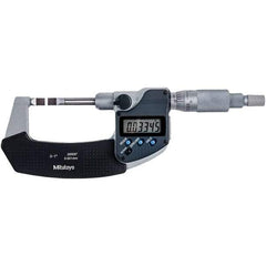 Mitutoyo - 0 to 1" Range, 0.00005" Resolution, Blade Throat IP54 Electronic Outside Micrometer - 0.00015" Accuracy, Ratchet Stop Thimble, Carbide-Tipped Face, SR44 Battery - USA Tool & Supply