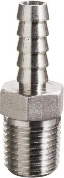 Made in USA - 3/8 x 1/4" Grade 316 Stainless Steel Pipe Hose Connector - Hose Barb x MNPT End Connections, 3,600 psi - USA Tool & Supply