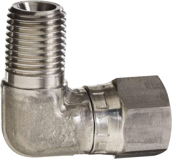 Made in USA - 1/4 x 3/8" Grade 316 Stainless Steel Pipe 90° Elbow - MNPT x NPSM Swivel End Connections, 5,000 psi - USA Tool & Supply