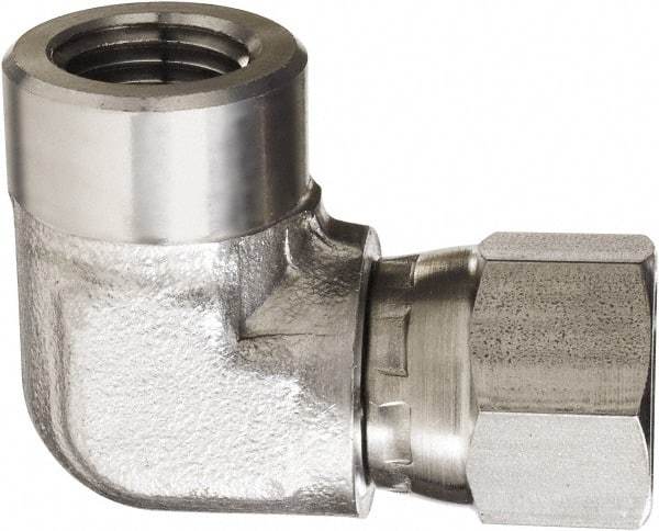 Made in USA - 1/4" Grade 316 Stainless Steel Pipe 90° Elbow - FNPT x NPSM Swivel End Connections, 5,000 psi - USA Tool & Supply