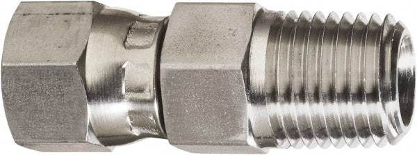 Made in USA - 1/4" Tube OD, 37° Stainless Steel Flared Tube Swivel Connector - 7/16-20 NPT, Female Flare x MNPT Ends - USA Tool & Supply