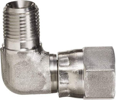 Made in USA - 1/4" Tube OD, 37° Stainless Steel Flared Tube Male Elbow - 7/16-20 NPT, Female Flare x MNPT Ends - USA Tool & Supply