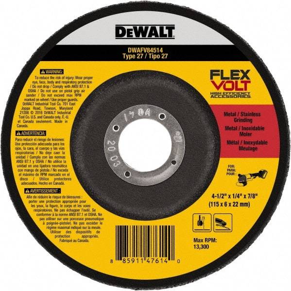 DeWALT - 4-1/2" Wheel Diam, 1/4" Wheel Thickness, 7/8" Arbor Hole, Type 27 Depressed Center Wheel - Fine/Coarse Grade, Ceramic, 13,300 Max RPM - USA Tool & Supply