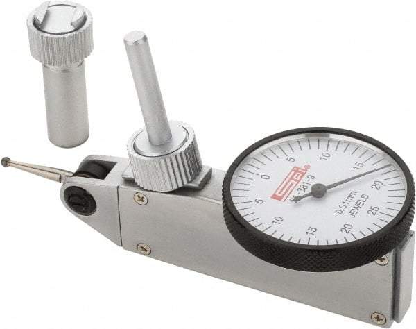 SPI - 0.5mm Range, 0.01mm Dial Graduation, Horizontal Dial Test Indicator - 32mm White Dial, 0-25-0 Dial Reading, Accurate to 0.013mm - USA Tool & Supply