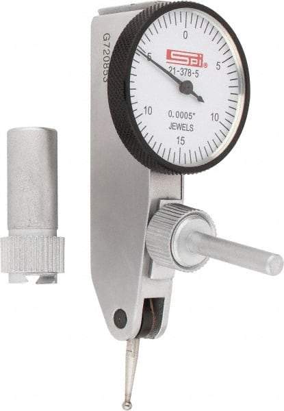 SPI - 0.03" Range, 0.0005" Dial Graduation, Horizontal Dial Test Indicator - 1-1/4" White Dial, 0-15-0 Dial Reading, Accurate to 0.0005" - USA Tool & Supply