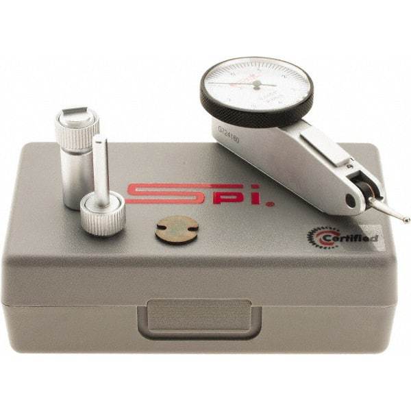 SPI - 0.008" Range, 0.0001" Dial Graduation, Horizontal Dial Test Indicator - 1-1/4" White Dial, 0-4-0 Dial Reading, Accurate to 0.0001" - USA Tool & Supply