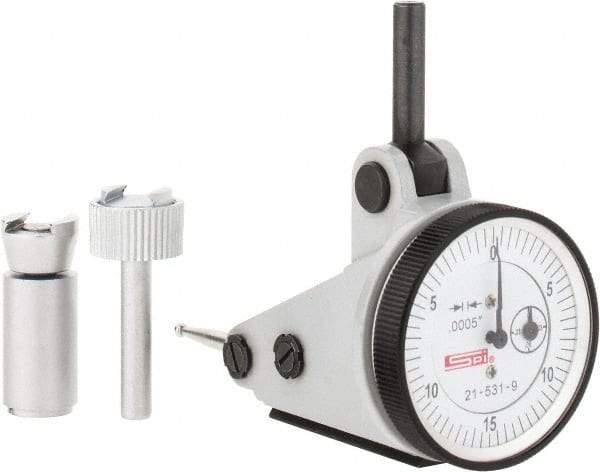 SPI - 0.06" Range, 0.0005" Dial Graduation, Vertical Dial Test Indicator - 1-3/16" White Dial, 0-15-0 Dial Reading, Accurate to 0.0012" - USA Tool & Supply