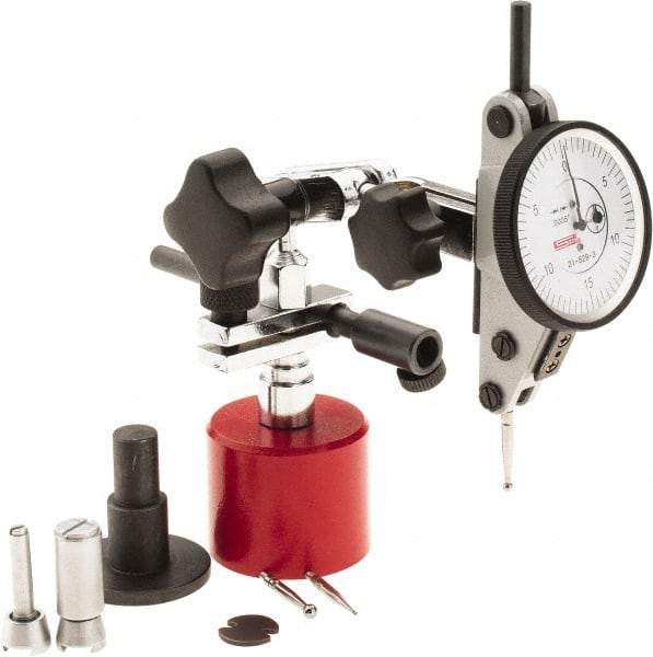 SPI - 9 Piece, 0" to 0.06" Measuring Range, 1-1/2" Dial Diam, 0-15-0 Dial Reading, White Dial Test Indicator Kit - 0.0012" Accuracy, 0.86" Contact Point Length, 0.079" Ball Diam, 0.0005" Dial Graduation - USA Tool & Supply