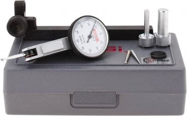 SPI - 8 Piece, 0mm to 1mm Measuring Range, 32mm Dial Diam, 0-50-0 Dial Reading, White Dial Test Indicator Kit - 0.013mm Accuracy, 21.5mm Contact Point Length, 2mm Ball Diam, 0.01mm Dial Graduation - USA Tool & Supply