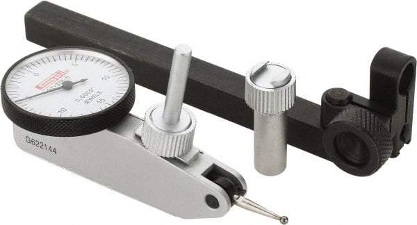 SPI - 8 Piece, 0" to 0.03" Measuring Range, 1-1/4" Dial Diam, 0-15-0 Dial Reading, White Dial Test Indicator Kit - 0.0005" Accuracy, 0.64" Contact Point Length, 0.079" Ball Diam, 0.0005" Dial Graduation - USA Tool & Supply