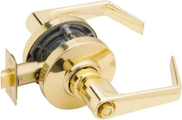 Falcon - Grade 2 Entrance Lever Lockset for 1-3/8" Thick Doors - 2-3/4" Back Set, No Cylinder, Steel, Bright Brass Finish - USA Tool & Supply