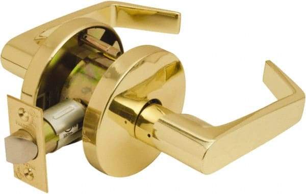 Falcon - Grade 2 Passage Lever Lockset for 1-3/8" Thick Doors - 2-3/4" Back Set, No Cylinder, Steel, Bright Brass Finish - USA Tool & Supply