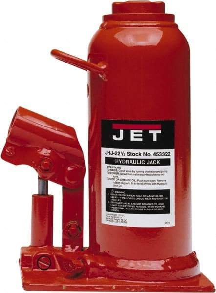 Jet - 22.5 Ton Capacity Hydraulic Bottle Jack - 10.63" to 16-7/8" High, 1-1/2" Screw Length, 7-1/8" Long x 5-1/2" Wide Base - USA Tool & Supply