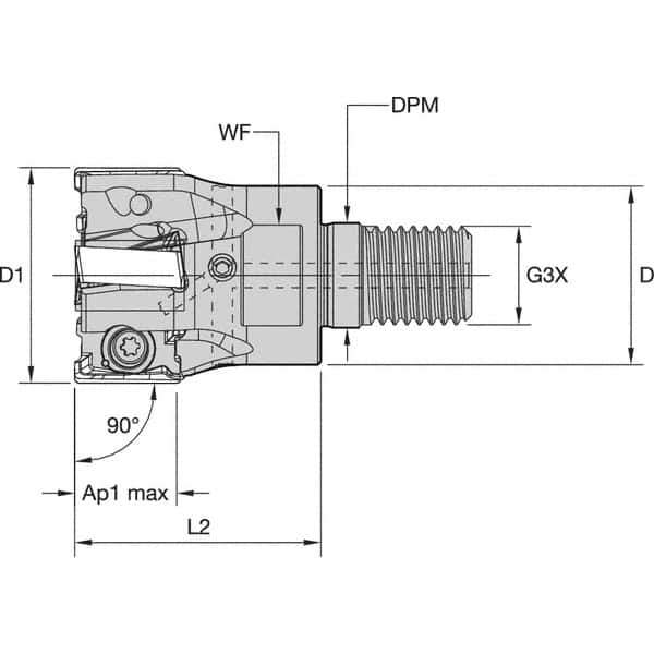 Kennametal - 35mm Cut Diam, 15.5mm Max Depth of Cut, 1.142" Shank Diam, 64mm OAL, Indexable Square Shoulder End Mill - LNGU15T608SRGE Inserts, M16 Modular Connection, 0° Lead Angle, Through Coolant, Series MILL 4-15 - USA Tool & Supply