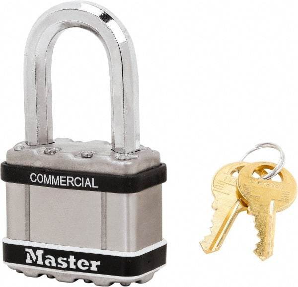 Master Lock - 1-1/2" Shackle Clearance, Keyed Alike Padlock - 3/8" Shackle Diam, Laminated Steel - USA Tool & Supply