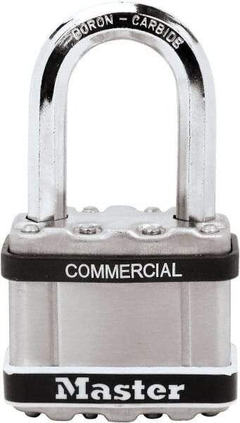 Master Lock - 1-1/2" Shackle Clearance, Keyed Different Padlock - 3/8" Shackle Diam, Laminated Steel - USA Tool & Supply