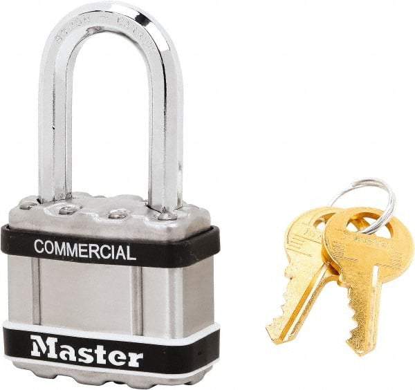 Master Lock - 1-1/2" Shackle Clearance, Keyed Alike Padlock - 5/16" Shackle Diam, Laminated Steel - USA Tool & Supply