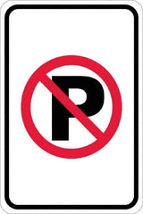 NMC - "No Parking Anytime", "Strike on P", 12" Wide x 18" High, Aluminum No Parking & Tow Away Signs - 0.08" Thick, Red & Black on White, Engineer Grade Reflectivity, Rectangle, Post Mount - USA Tool & Supply