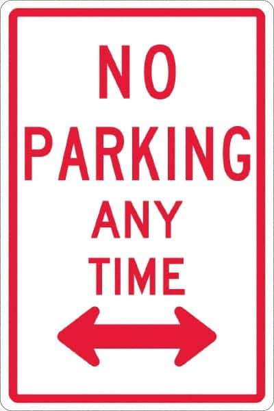 NMC - "No Parking Anytime", "Double Arrow", 12" Wide x 18" High, Aluminum No Parking & Tow Away Signs - 0.063" Thick, Red on White, Rectangle, Post Mount - USA Tool & Supply