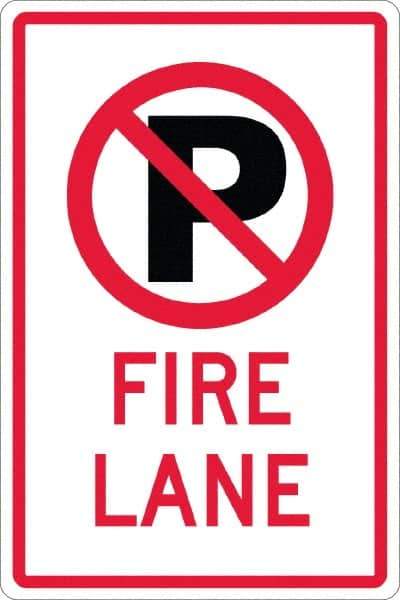 NMC - "Fire Lane", "Strike on P", 12" Wide x 18" High, Aluminum No Parking & Tow Away Signs - 0.08" Thick, Red & Black on White, High Intensity Reflectivity, Rectangle, Post Mount - USA Tool & Supply