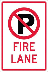 NMC - "Fire Lane", "Strike on P", 12" Wide x 18" High, Aluminum No Parking & Tow Away Signs - 0.063" Thick, Red & Black on White, Engineer Grade Reflectivity, Rectangle, Post Mount - USA Tool & Supply