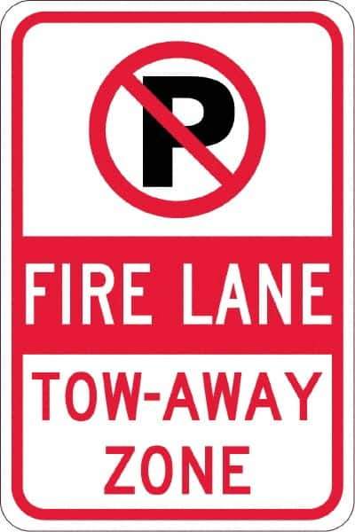 NMC - "Fire Lane Tow-Away Zone", "Strike on P", 12" Wide x 18" High, Aluminum No Parking & Tow Away Signs - 0.08" Thick, Red & Black on White, Engineer Grade Reflectivity, Rectangle, Post Mount - USA Tool & Supply