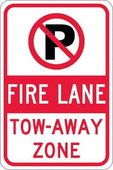 NMC - "Fire Lane Tow-Away Zone", "Strike on P", 12" Wide x 18" High, Aluminum No Parking & Tow Away Signs - 0.08" Thick, Red & Black on White, Engineer Grade Reflectivity, Rectangle, Post Mount - USA Tool & Supply