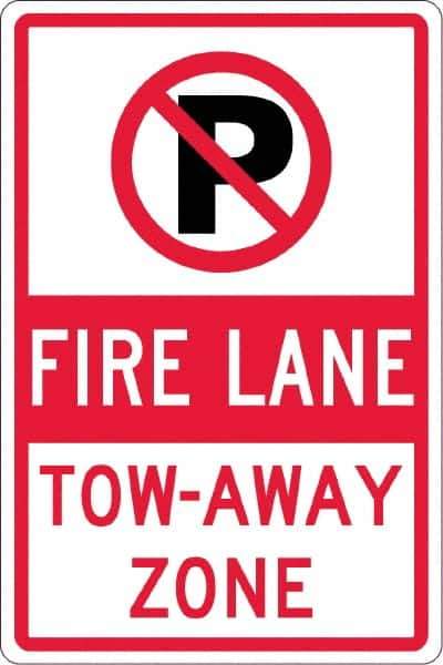 NMC - "Fire Lane Tow-Away Zone", "Strike on P", 12" Wide x 18" High, Aluminum No Parking & Tow Away Signs - 0.063" Thick, Red & Black on White, Rectangle, Post Mount - USA Tool & Supply