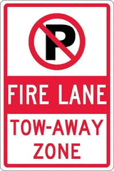 NMC - "Fire Lane Tow-Away Zone", "Strike on P", 12" Wide x 18" High, Aluminum No Parking & Tow Away Signs - 0.063" Thick, Red & Black on White, Rectangle, Post Mount - USA Tool & Supply