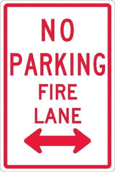 NMC - "No Parking - Fire Lane", "Double Arrow", 12" Wide x 18" High, Aluminum No Parking & Tow Away Signs - 0.08" Thick, Red on White, Engineer Grade Reflectivity, Rectangle, Post Mount - USA Tool & Supply