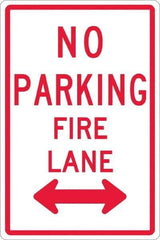 NMC - "No Parking - Fire Lane", "Double Arrow", 12" Wide x 18" High, Aluminum No Parking & Tow Away Signs - 0.08" Thick, Red on White, Engineer Grade Reflectivity, Rectangle, Post Mount - USA Tool & Supply