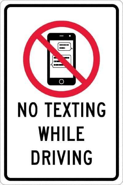 NMC - "No Texting While Driving", "Strike on Cell Phone", 12" Wide x 18" High, Aluminum Warning & Safety Reminder Signs - 0.063" Thick, Red & Black on White, Rectangle, Post Mount - USA Tool & Supply