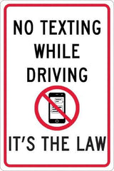 NMC - "No Texting While Driving It's The Law", "Strike on Cell Phone", 12" Wide x 18" High, Aluminum Warning & Safety Reminder Signs - 0.063" Thick, Red & Black on White, Rectangle, Post Mount - USA Tool & Supply