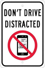 NMC - "Don't Drive Distracted", "Strike on Cell Phone", 12" Wide x 18" High, Aluminum Warning & Safety Reminder Signs - 0.08" Thick, Red & Black on White, Engineer Grade Reflectivity, Rectangle, Post Mount - USA Tool & Supply