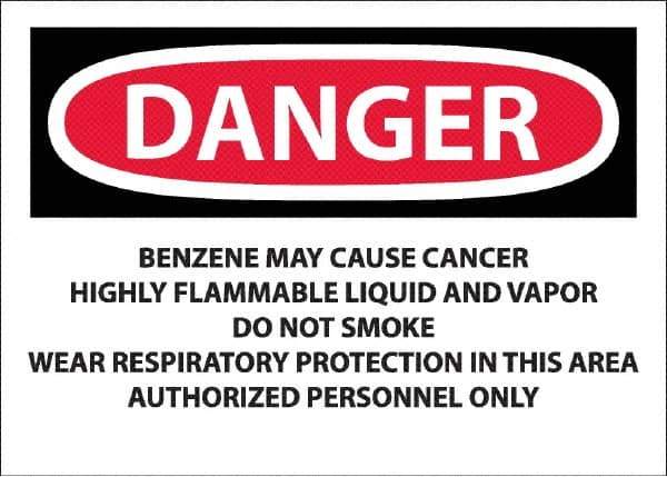NMC - "Danger - Benzene May Cause Cancer", 10" Long x 14" Wide, Pressure-Sensitive Vinyl Safety Sign - Rectangle, 0.0045" Thick, Use for Hazardous Materials - USA Tool & Supply
