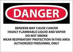 NMC - "Danger - Benzene May Cause Cancer", 10" Long x 14" Wide, Pressure-Sensitive Vinyl Safety Sign - Rectangle, 0.0045" Thick, Use for Hazardous Materials - USA Tool & Supply