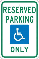 NMC - "Reserved Parking Only", "Handicap Symbol", 12" Wide x 18" High, Aluminum ADA Signs - 0.08" Thick, Green & Blue on White, Engineer Grade Reflectivity, Rectangle, Post Mount - USA Tool & Supply