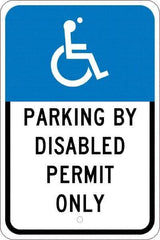 NMC - "Parking By Disabled Permit Only", "Handicap Symbol", 12" Wide x 18" High, Aluminum ADA Signs - 0.08" Thick, White on Blue, Engineer Grade Reflectivity, Rectangle, Post Mount - USA Tool & Supply