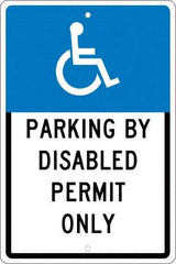 NMC - "Parking By Disabled Permit Only", "Handicap Symbol", 12" Wide x 18" High, Aluminum ADA Signs - 0.063" Thick, White on Blue, Rectangle, Post Mount - USA Tool & Supply