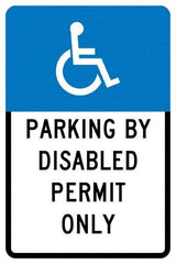 NMC - "Parking By Disabled Permit Only", "Handicap Symbol", 12" Wide x 18" High, Aluminum ADA Signs - 0.04" Thick, White on Blue, Rectangle, Post Mount - USA Tool & Supply