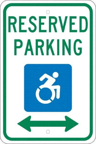 NMC - "Reserved Parking", "Handicap Symbol", 12" Wide x 18" High, Aluminum ADA Signs - 0.08" Thick, Green & Blue on White, Engineer Grade Reflectivity, Rectangle, Post Mount - USA Tool & Supply